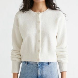 & Other Stories White Button Front Crew Neck Cropped Fuzzy Knit Cardigan Sweater